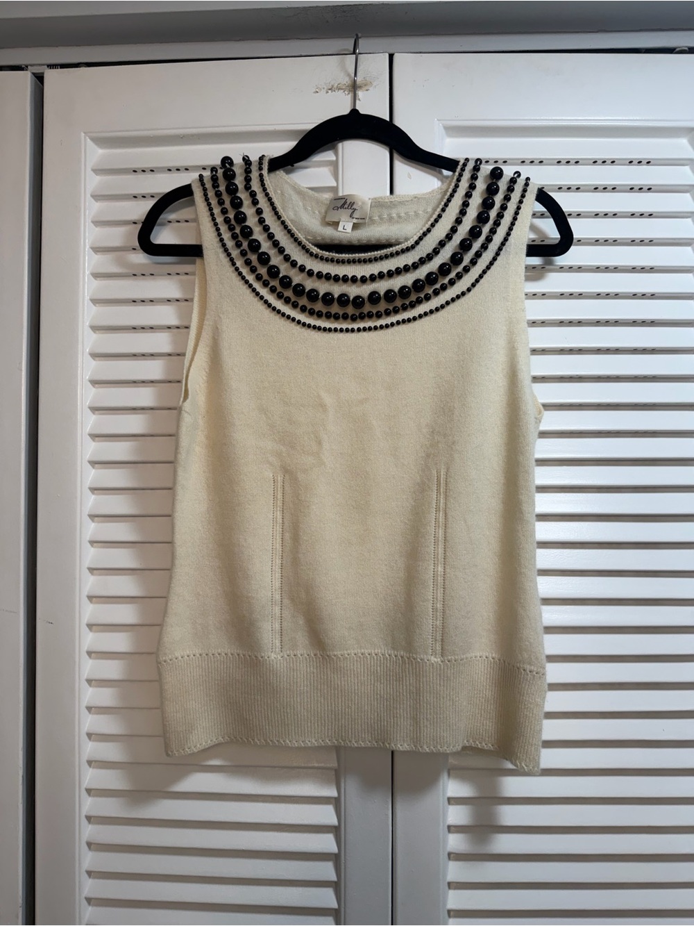 Milly Vintage Cream Sleeveless Cashmere Top with Black Beaded Collar
